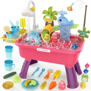 4-in-1 Electric Water Table Toy for Toddlers 1-3,Color Changing Kitchen Play Sink Toys with Running Water for Kid with Water Pump,Animals, Food, Tableware,Pretend Role Birthday Toy for Boy and Girl