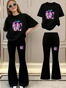Girls' K-Pop Demon Hunter Print Set, Casual Loose Fit Short Sleeve & Bell Bottoms, Comfortable Elastic Waist Pants, Spring Summer