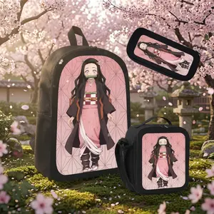 Kamado Nezuko Demon Slayer 3Pcs Backpack Set, 17 Inch Anime Student Bookbag with Lunch Box & Pencil Case, Pink Geometric Nezuko Character Print Oxford Rucksack, Cute Manga School Bag Gift for Teen Anime Fans Travel Daily Use
