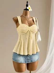 French Vintage Hollow Out Hooked Bra Top, Front Knot Tie Waist Ruffle Edge Shirt, Single Piece, Fashion Slim-Fitting Polka Dot Top