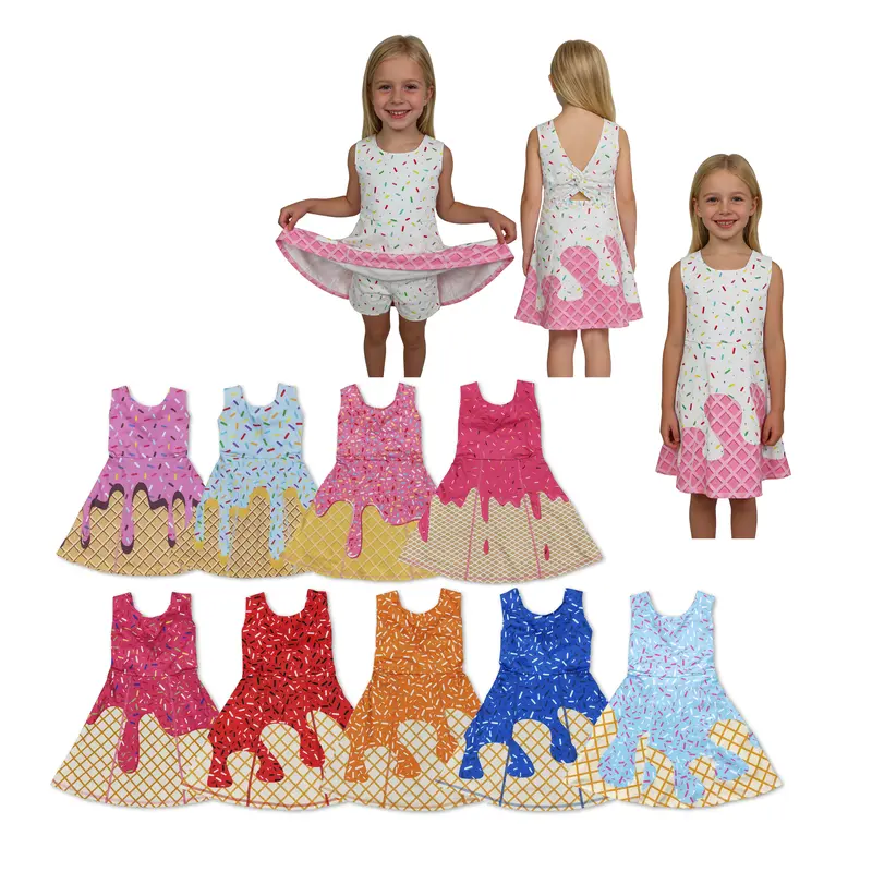 Girls' Sleeveless Casual Sundress - Blue All-Over Ice-Cream Print, Summer Comfy Toddler & Little Girl Dresses, Kids' Fashion Clothing