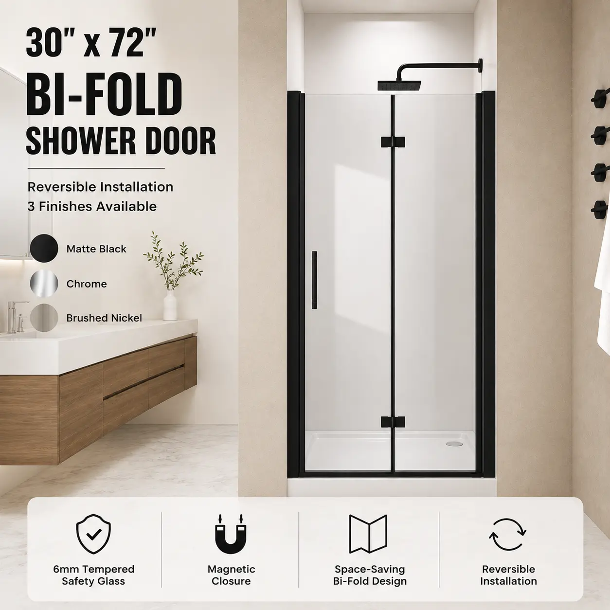 30x72 in Rectangular Glass Shower Door, 6mm Tempered Glass with Explosion-Proof Film, Reversible Bifold Shower Enclosure, Aluminum Frame, Water Retention Design