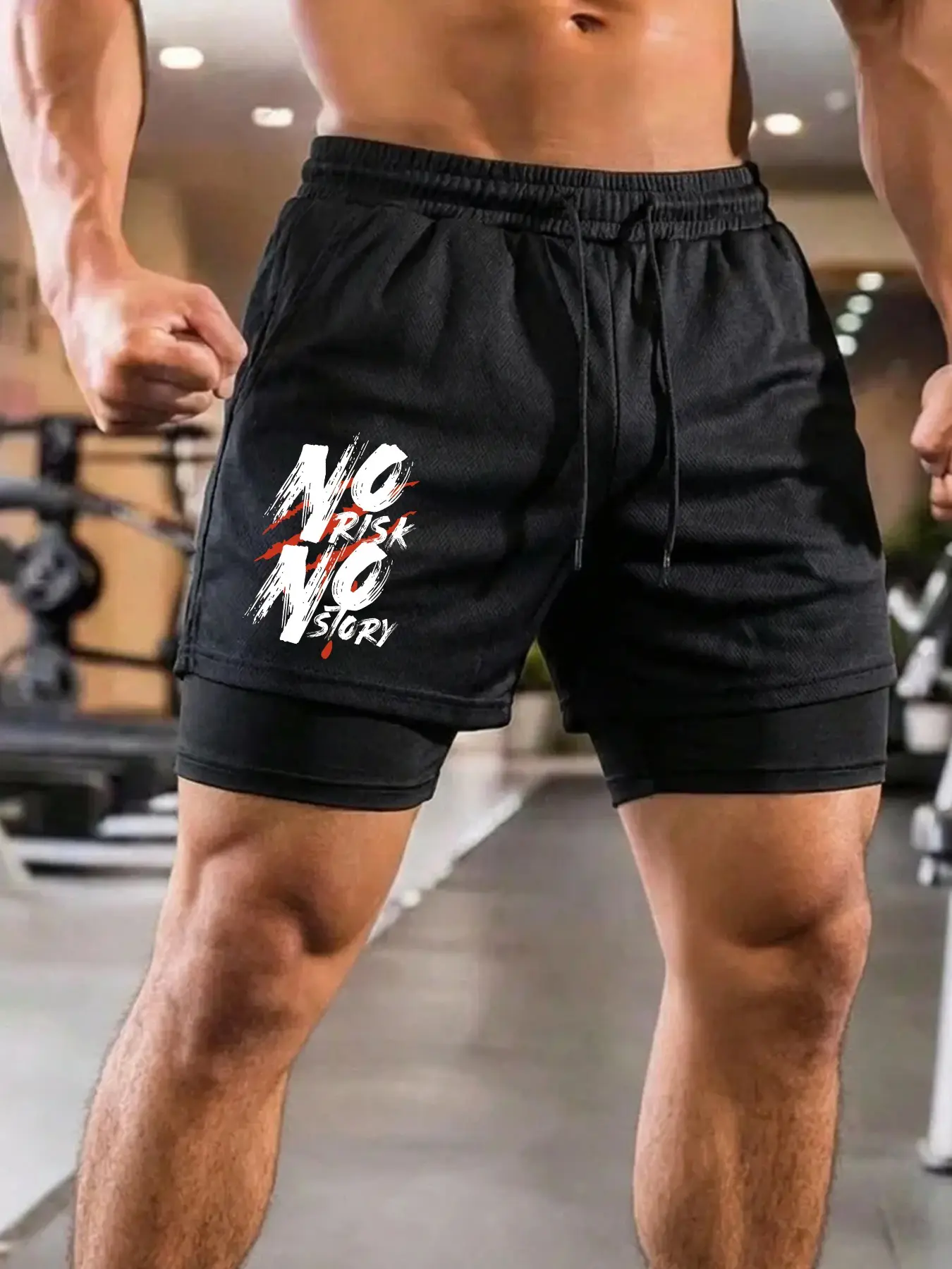 Men's Performance Liner Shorts, Lightweight Fabric with 'no Risk No Story' Print, Casual Street Style for Daily Wear, Beach, City Fitness