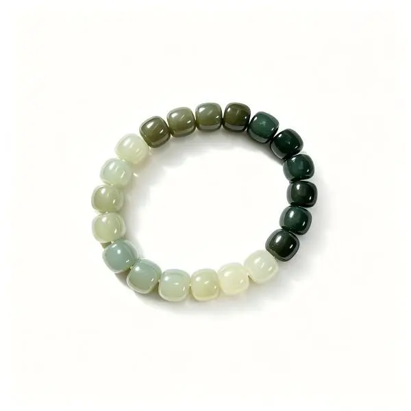 Gradient Hetian Jade Barrel Bead Bracelet, Natural Jade Vintage Beaded Bangle Unisex Jewelry