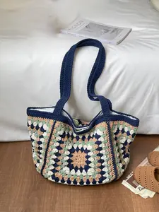 1pc Handmade Crochet Granny Square Tote Bag for Women, Boho Colorful Sunflower Woven Shoulder Bag, Large Capacity Hollow Out Hobo Bag for Summer Vacation