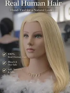 VIGGIO 100% Human Hair Training Mannequin Head, Light Blonde, Realistic Shoulders, Bleach & Dye Safe, 25″, for Professionals
