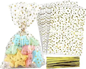 100 Pcs Star Printed Gift Wrap Cello Cellophane Treat Bags 5"X7" with Twist Ties for Bakery, Birthday, Wedding, Party Decorations (Gold)