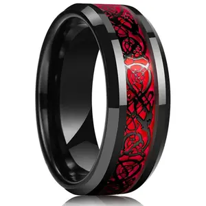 King Will DRAGON Men's Red/Green/Orange Carbon Fiber Black Celtic Dragon Tungsten Carbide Ring Comfort Fit Wedding Band