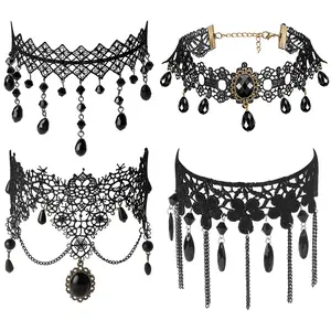 OIDEA Black Lace Multilayer Choker Necklace Set for Women, 3 PCS Gothic Victorian Teardrop Collar, Halloween Cosplay Jewelry, Gothic Necklaces