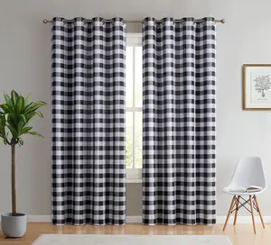 HLC.ME Hilltop Buffalo Check Textured Grommet Curtain Panels - Set of 2 - Machine Washable Polyester Farmhouse Decor