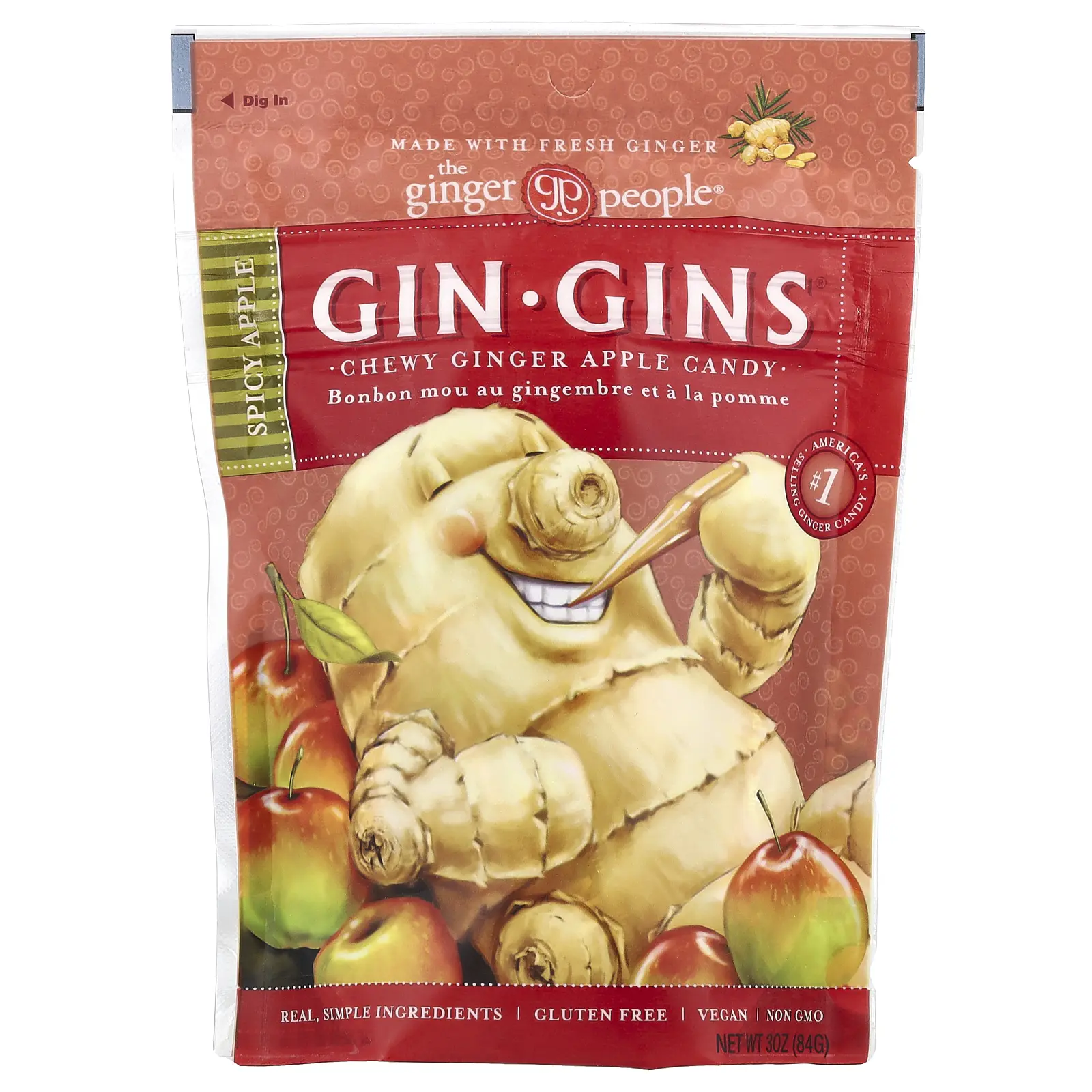 The Ginger People Gin Gins®, Chewy Ginger Apple Candy, Spicy Apple, 3 oz (84 g) The Ginger People Gin Gins®, Chewy Ginger Apple Candy, Spicy Apple, 3 oz (84 g)