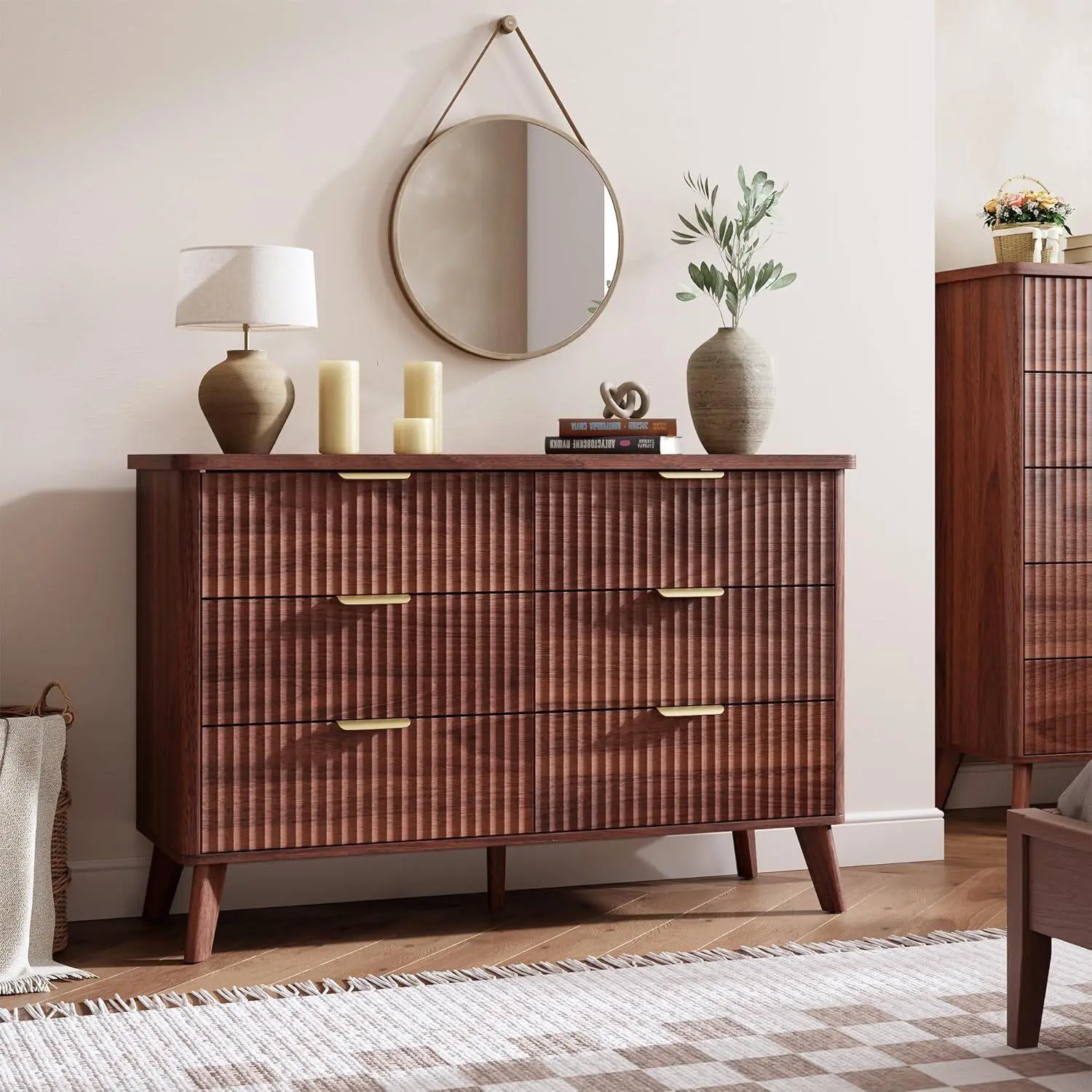 Fluted Dresser for Bedroom with 6 Deep Drawers 47in Tall Chest of Drawers with Faux Marble Top Curved Profile Design Modern Wooden Dresser for Living Room Kids Room Hallway-Walnut