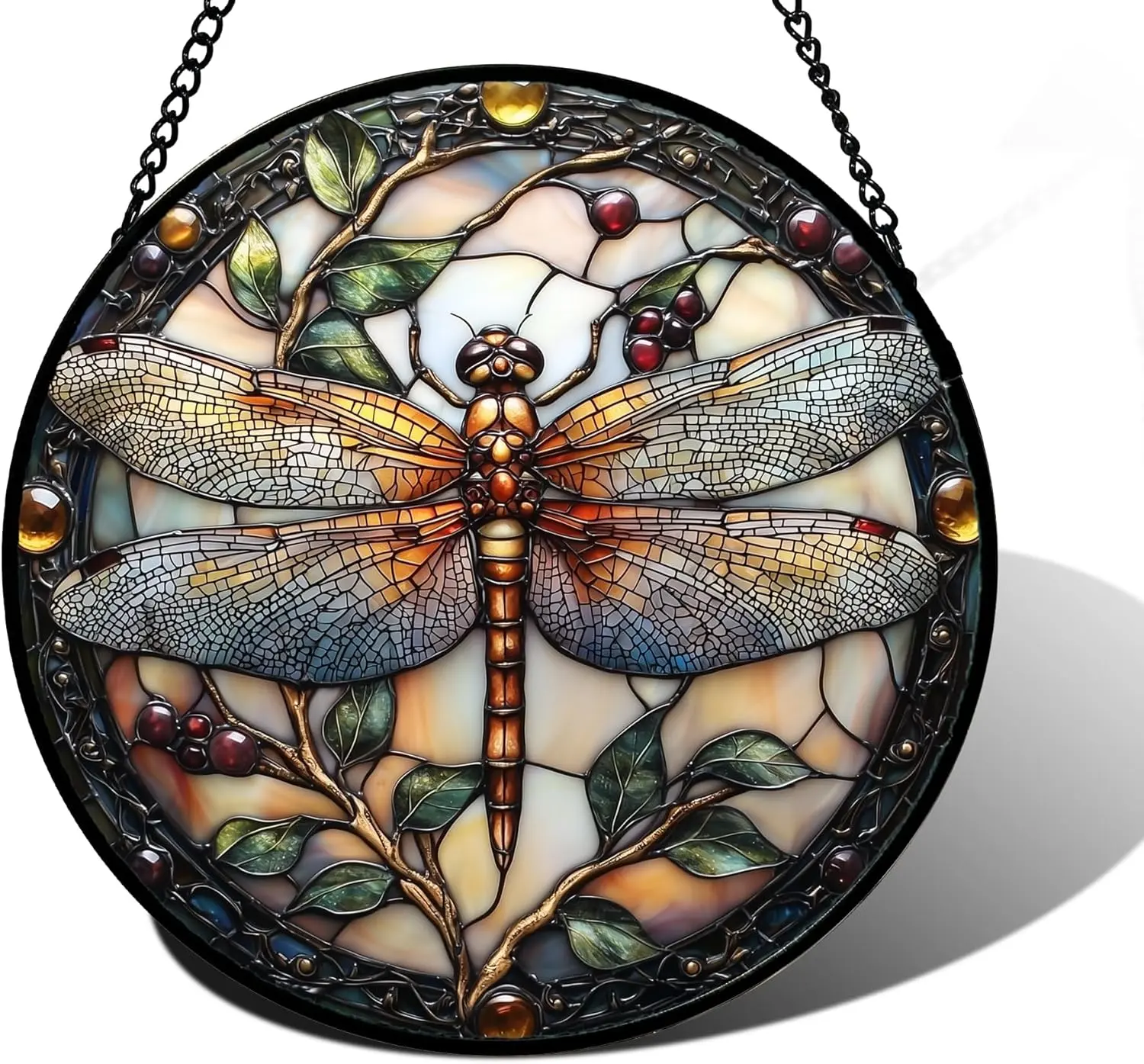 Aesthetic Stained Glass Dragonfly-Plant Suncatcher Hanging Decor - 7.8x7.8in 1-Piece Window/Door Home Supplies, Ready-to-Hang for Thanksgiving, Anniversary, Father's Day, Valentine's Day, Home Inspo Gifts for Women