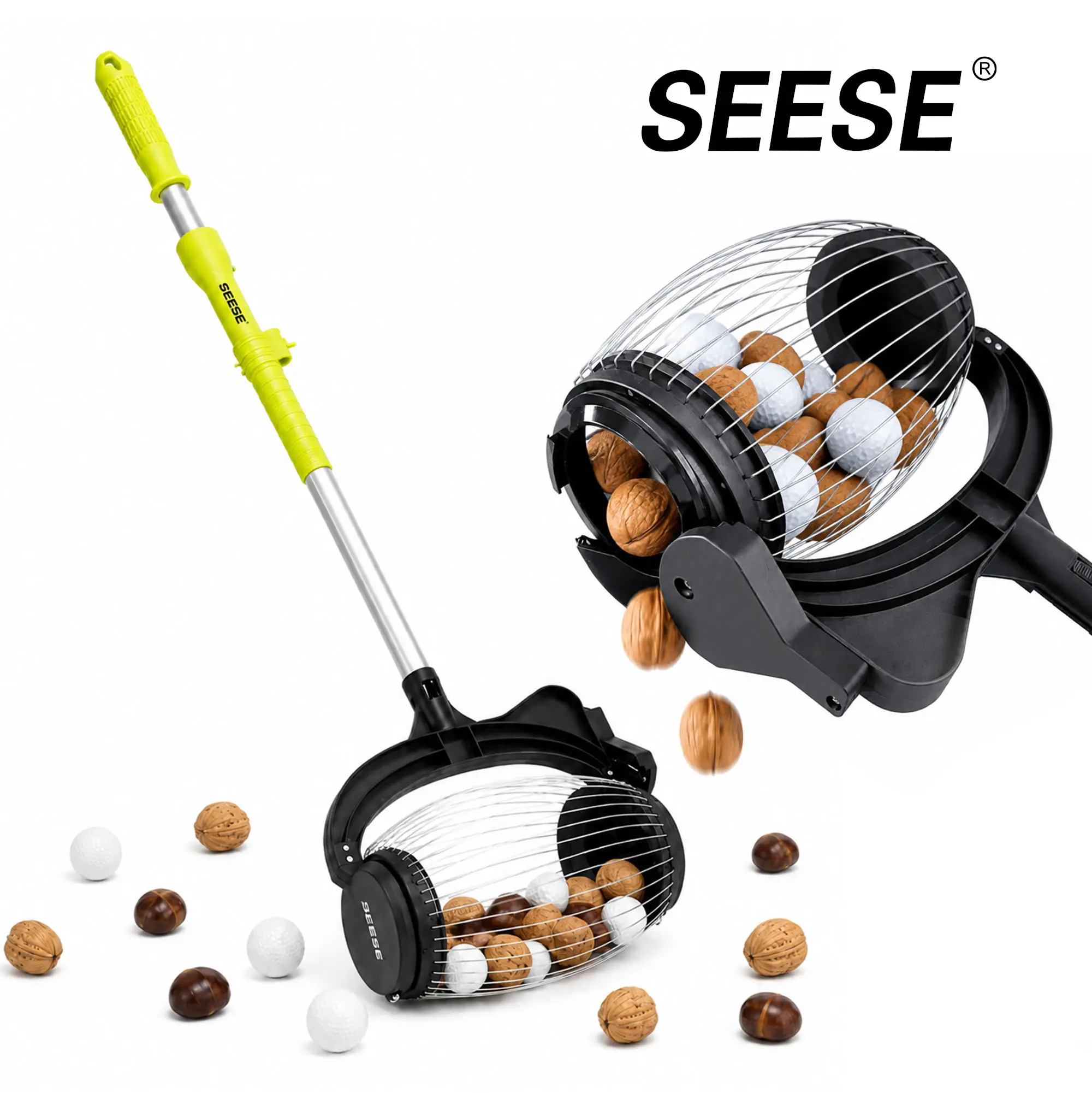 SEESE Nut Gatherer,Acorn Picker Upper,Directly SEESE Nut Gatherer,Acorn Picker Upper,Directly Dump Outlet,1.6 Gallon  | Telescopic Handle, 1''-1.8''Objects Size, Nut Roller Apply Acorns, Pecans, Buckeyes, Hickory Nuts, chestnuts, hazelnuts，Golf Balls