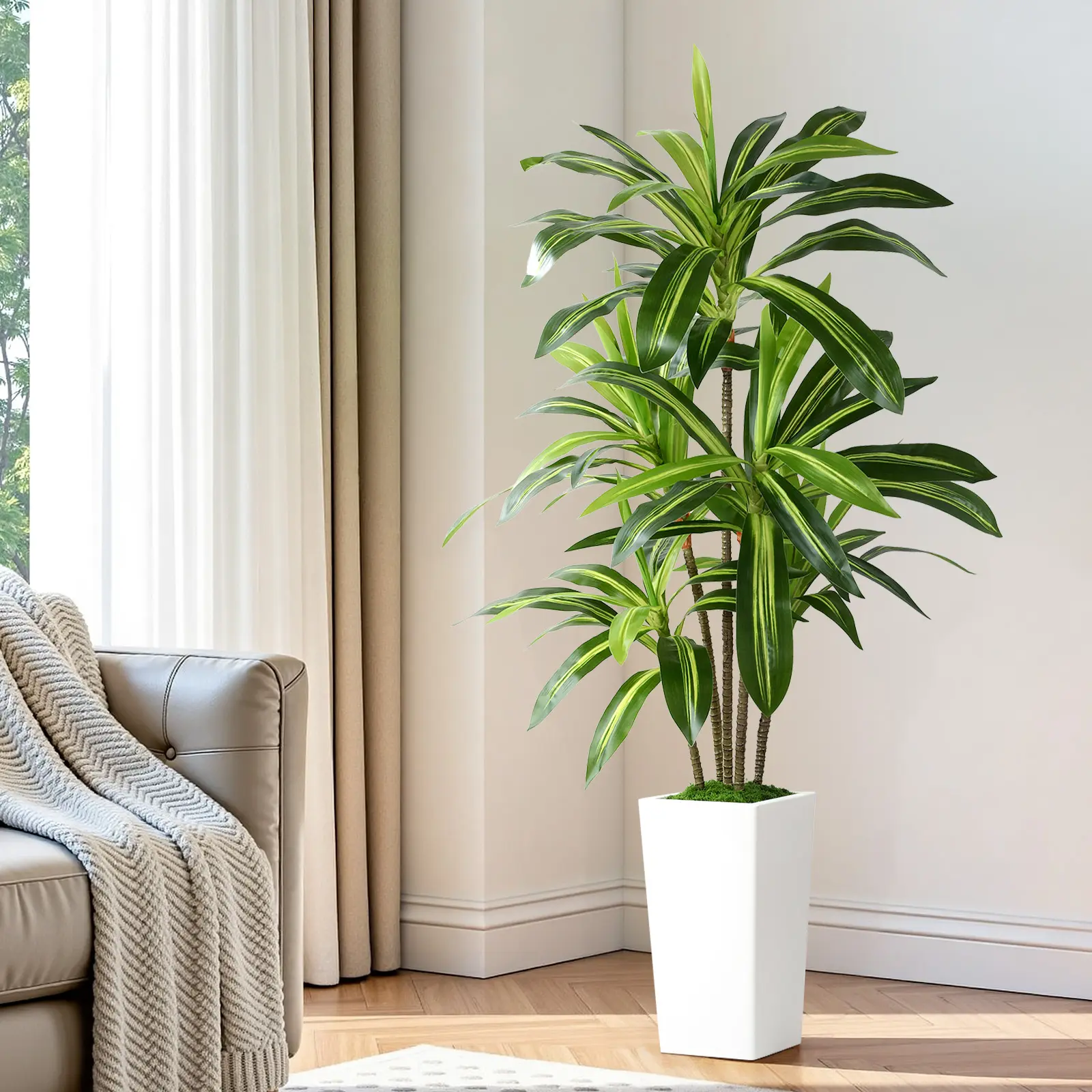 Artificial Dracaena Fake Tree 4/5/6FT, White High Pot Artificial Plants Indoor&Outdoor, Fake Plants for Office/Home/Living Room Potted Decoration summerwins