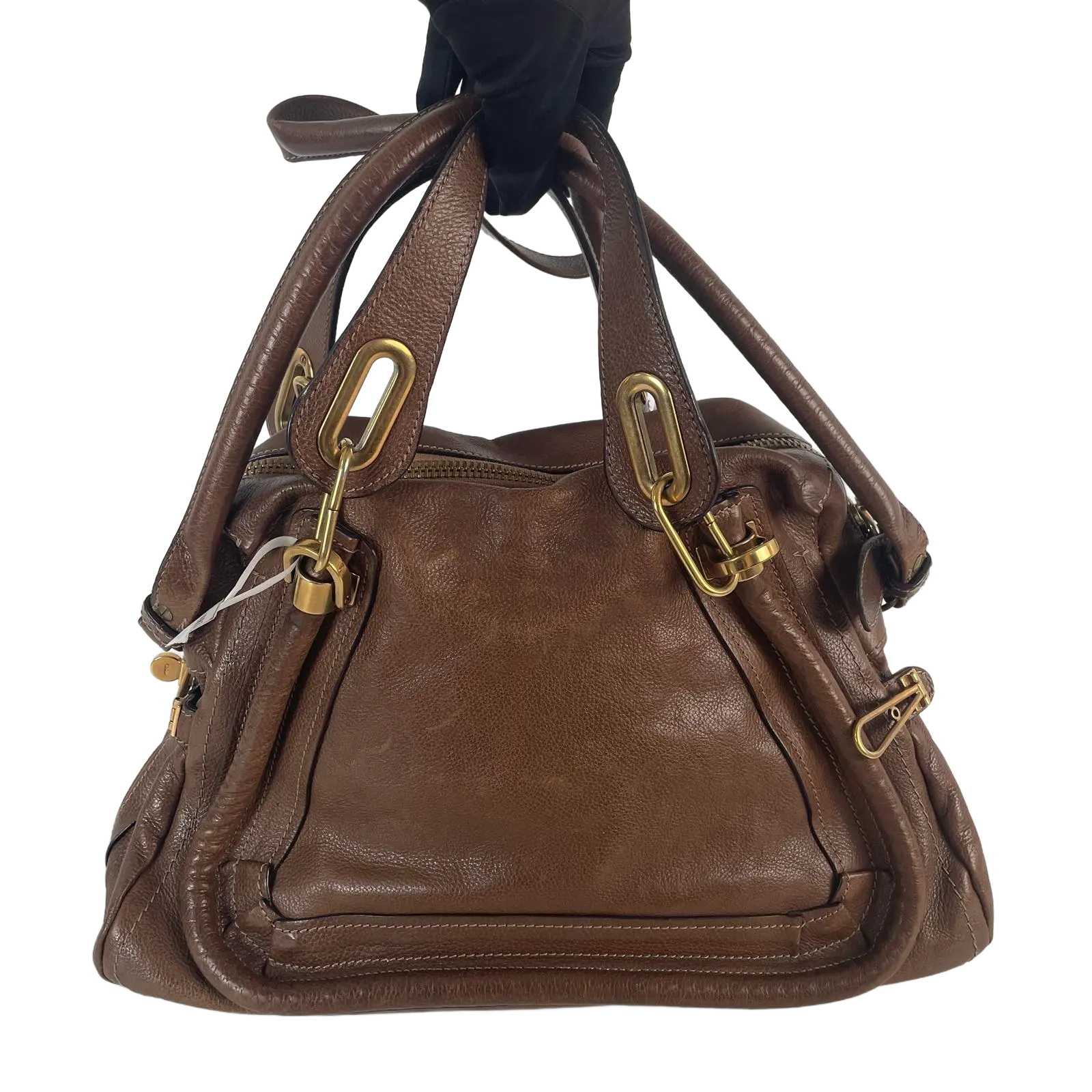 Pre-owned Chloé Soft pebbled calf leather Tote Bags Chloe dark brown pebbled leather Paraty medium convertible top handle satchel bag.++little charm+++