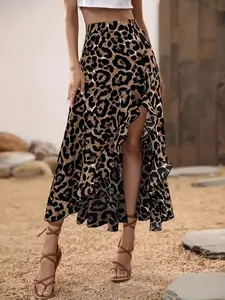 Plus Size Women's Leopard Print Sequin Skirt, High Waist Split Irregular Long Dress, Cross-Border Fashion, Chic Elegant Everyday Casual & Party Wear Womenswear Fit