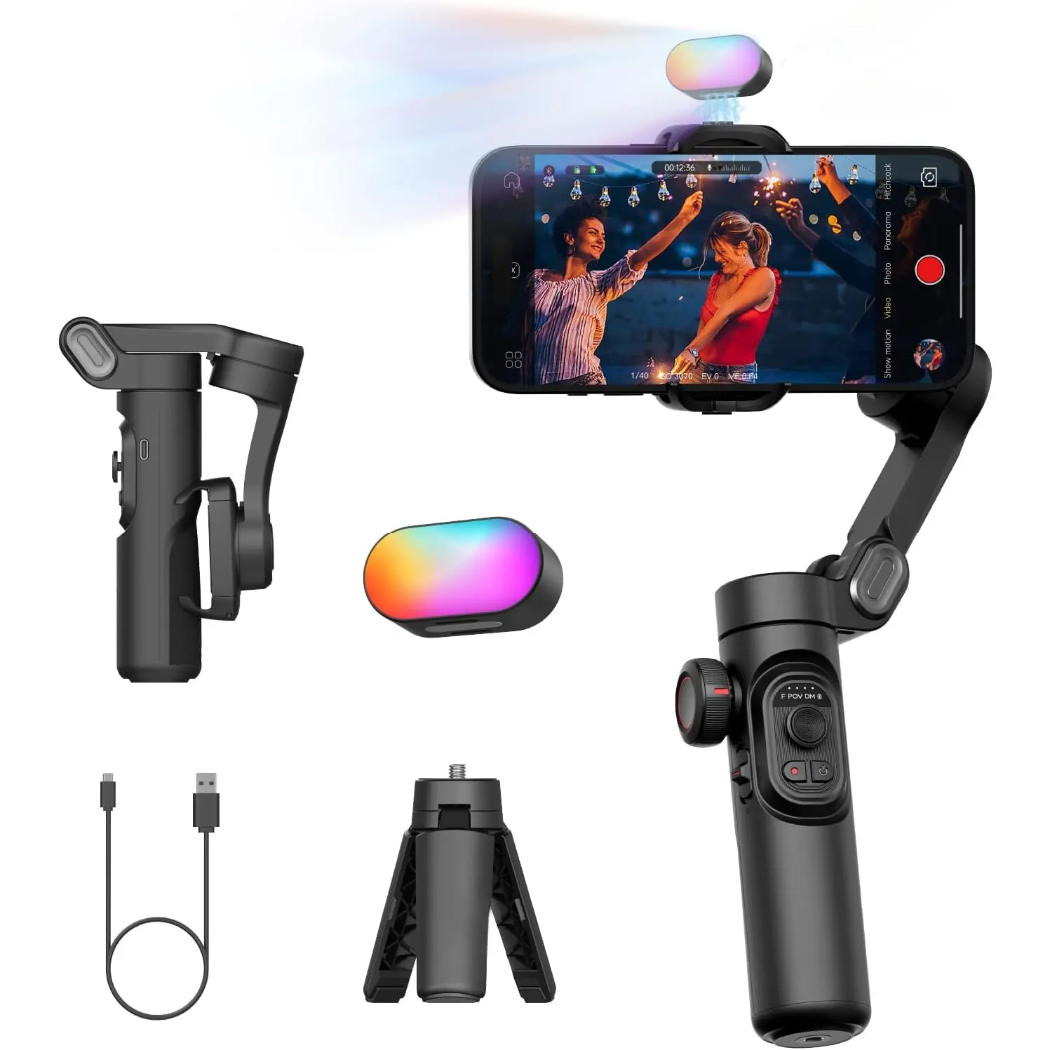 3-Axis Gimbal Stabilizer for Smartphone, Gimbal w/RGB Magnetic Fill Light Upgraded Face Tracking Focus Wheel Foldable iPhone Gimbal for iPhone/Android Phone Gimbal Vlog Recording Smart XE Kit