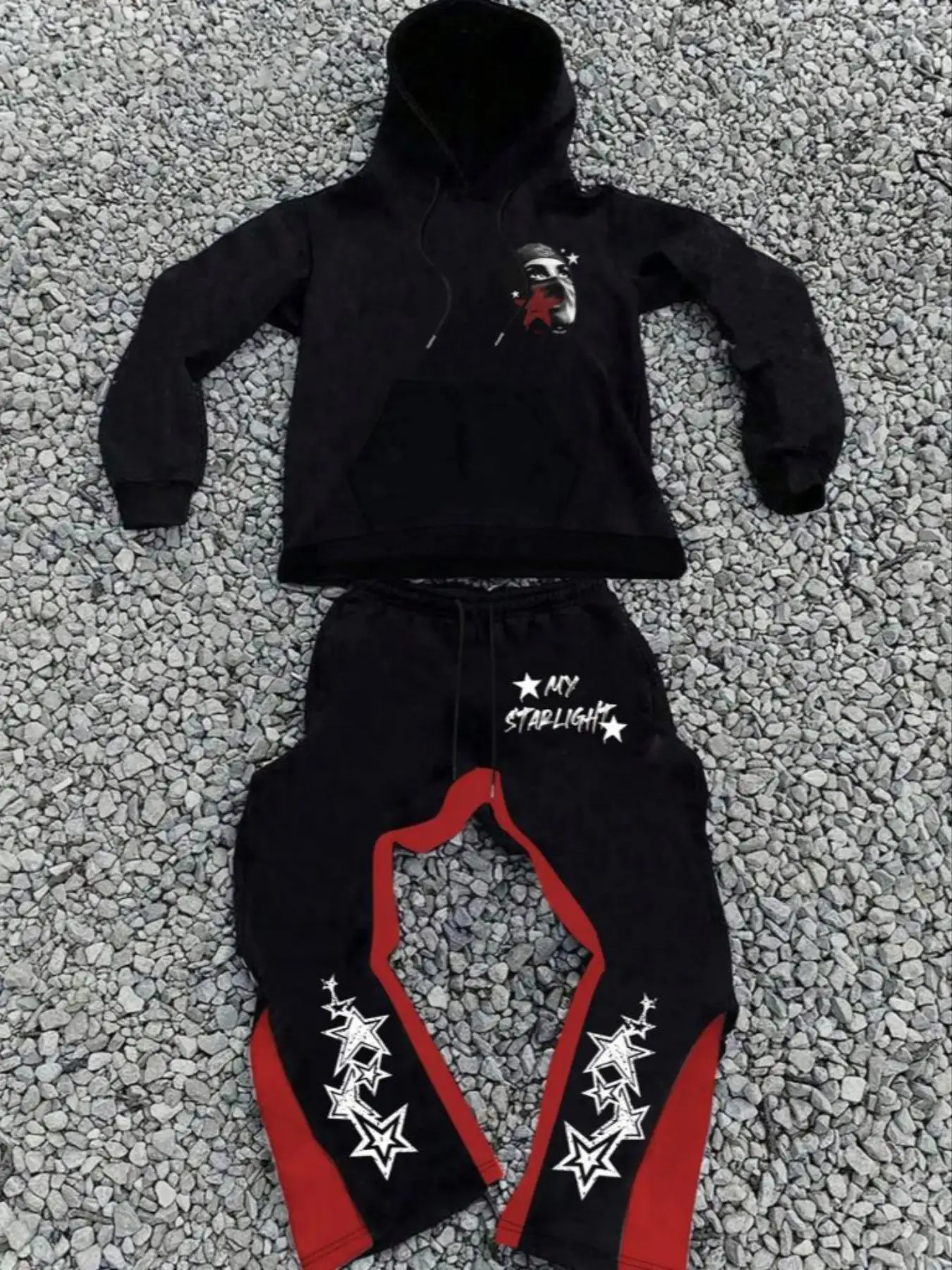 Two-piece Set Men's Letter and Star Print Thermal Lined Hoodie & Colorblock Sweatpants, Regular Fit Fashion Casual Drawstring Hooded Sweatshirt & Flar