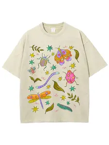 Men's Vintage Round Neck Shortsleeve 100% Cotton Tshirt - Casual Menswear Clothes, Distressed Insect Print, Father’s Day Gift, Summer Everyday & Outdoor Streetwear Top