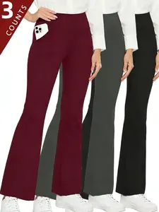 3pcs High-Waisted Flared Yoga Pants Tummy Control Bell-Bottom Women's High-Elasticity Breathable Fabric Pockets for Running Pilates Outdoor Fitness