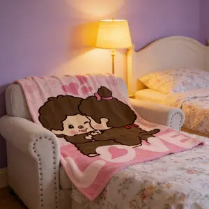 Cartoon Monchhichi Cute Love Couple Flannel Blanket - Premium Flannel Material Plush Nap Throw for Living Room Sofa Rug Office Bedroom Home Travel Kids Mother's Day Valentine's Day Birthday Christmas Gift