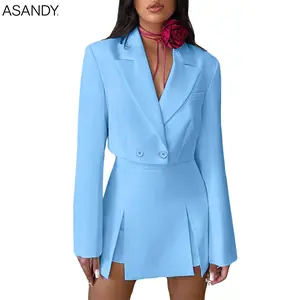 ASANDY Women’s Baby Blue Two-Piece Blazer Set – Cropped double-breasted jacket with notched lapels and high-waisted shorts with split hem, elegant office and party suit