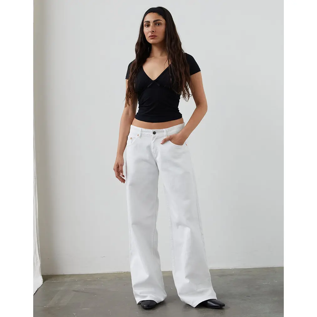 Motelrocks Women's Low Waist Jeans, True White Wide Leg Denim with 5-Pocket Carry and Zip Fly, Fabric, 5Pocket Carry