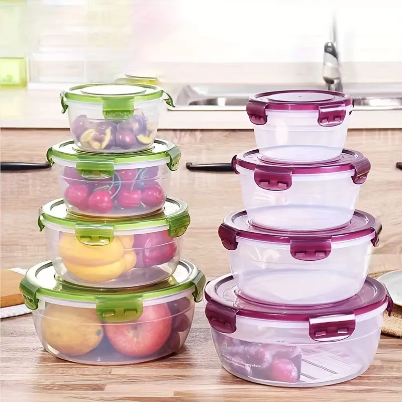 8-Piece Food Storage Containers Set with 4 Bases & 4 Lids, Purple & Green Transparent Design, Microwave Safe Round Bins, Ideal for Fruits, Vegetables, Meat, Bread, Lunch, Bento and Takeaway Use Meal Prep Organiser Kitchen