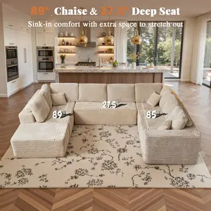 WEAXTY Oversized U Shaped Couch, No Sticky Pet Hair, Premium Anti-Pilling Fabric, Modular Sectional Convertible Sofa with Wide Deep,Extra Large Corduroy Modern Couch for Big Spaces Living Room, Beige