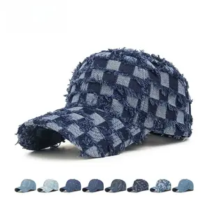 Unisex Korean-Style Tie-Dye Denim Baseball Cap, Spring/Autumn Retro Wide-Brim Blue Hat with Rhinestone-Embellished Checkerboard Pattern and Face-Slimming Effect