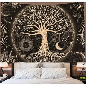 Tree of Life Tapestry Wall Hanging Sun Moon Stars Tapestries Aesthetic Galaxy Wall Tapestry Nature Home Decoration for Living Room Bedroom(53 x 61 Inch, Black and Gold) Design Light tapestry