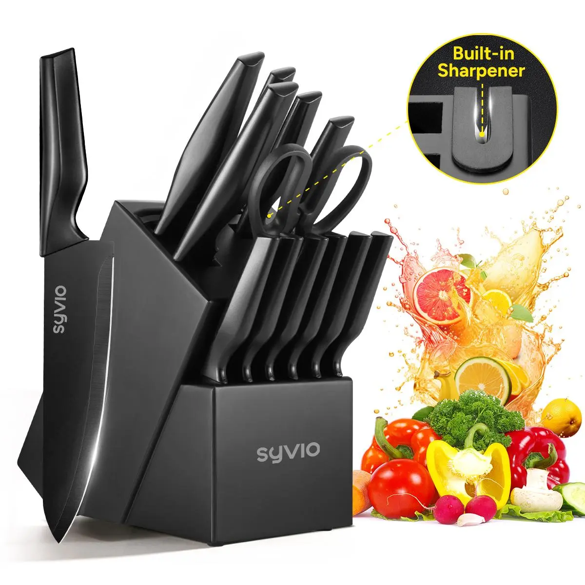 Syvio Stainless Steel Knives Kitchen Set - Razor-Sharp Blade Set with Storage Block, Sharpener, Heavy Poultry Shears, 6 Serrated Steak Knives, Anti-Slip Handles for Sturdy Cutting, Aluminium Nonstick Compatibility