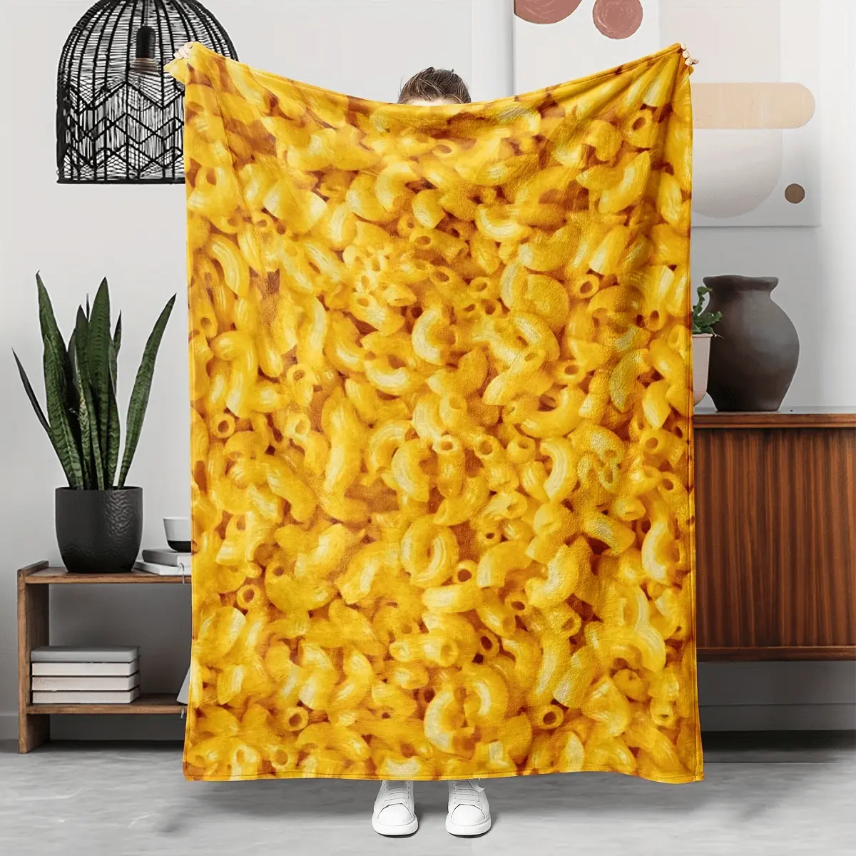 Cozy Cartoon Macaroni & Cheese Flannel Throw Blanket - Soft, Warm, and Allergy-Friendly for Couch, Bed, Sofa, Chair - Versatile Yellow Printed Fleece, Funny, Nap Blanket