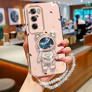 Reno12 Popular Series Crystal Jewelry Strap Lanyard Phone Holder Case For Compatible With Oppo Reno 12 Plating Cover and Shockproof Wave Point Quicksand Astronaut Bear Protector Cases
