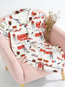 Kids Pajama Set, Cartoon Monster Pattern, Fashion Open-Cardigan Short Sleeve, Flame-Retardant Knit, All Seasons, Party Gift