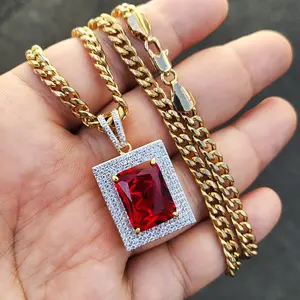 AAA+ CZ Brass Red Gemstone Iced Pendant & 4mm 18" 20" 24" Cuban Chain Necklace Hip Hop Celebrity Style Daily Wear For Unisex Men Women