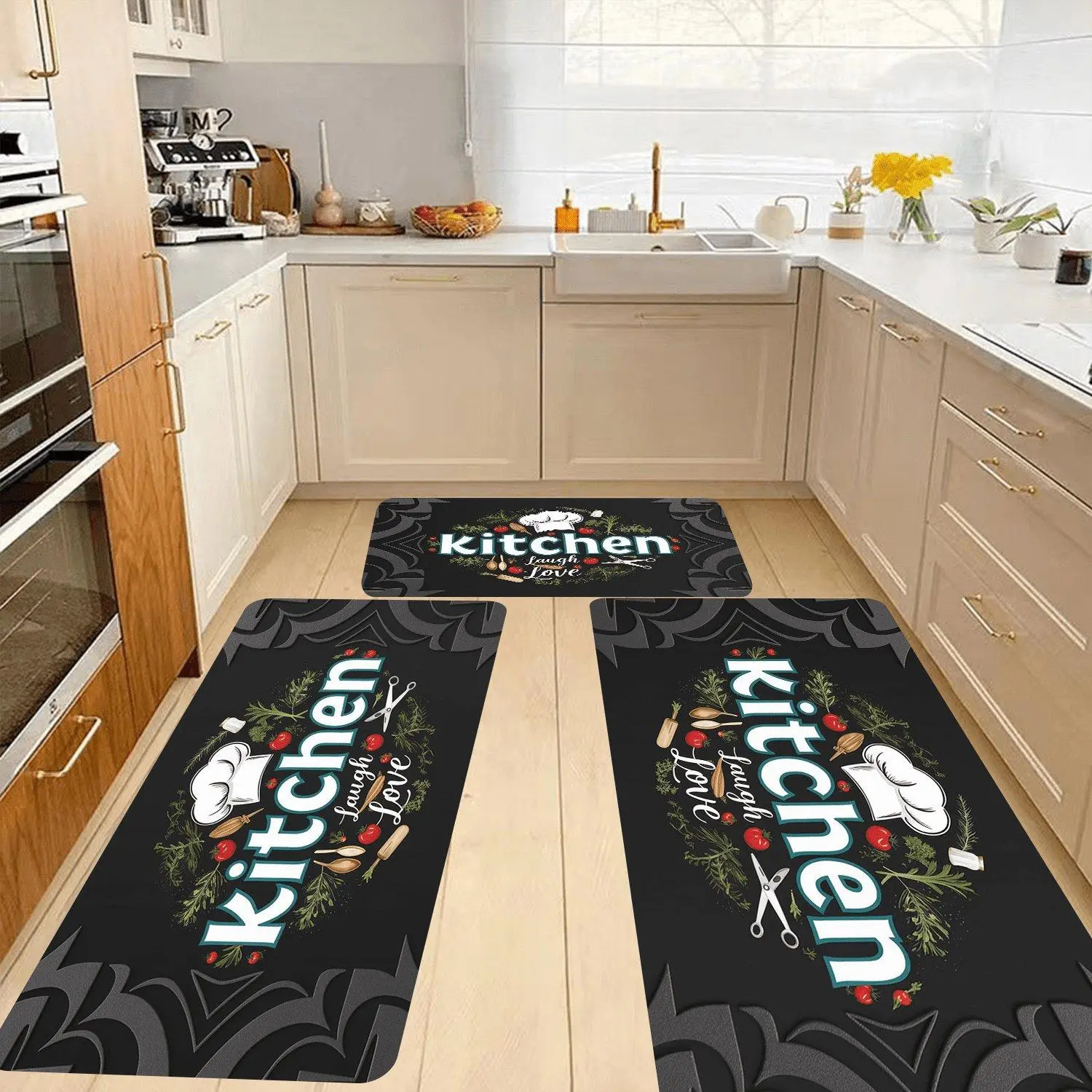 Black Kitchen Chef Hat Letter Kitchen Rug, Kitchen Utensils Pattern Anti-Slip Absorbent Floor Mat for Kitchen Home Decor