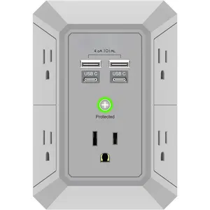 USB Wall Charger, Surge Protector,  5 Outlet Extender with 4 USB  Ports (4.8A Total) 3-Sided 1680J Power Strip Multi Plug Outlets Wall Adapter Spaced for Home Travel Office(2U2C),Grey