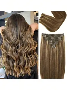 Clip in Hair Extensions Real Human Hair 14-28 Inch Straight Clip Ins 8Pcs Brazilian Remy Hair Extensions for Women #4/27 Chocolate Brown to Honey Blonde,Natural Look & Easy Application Human Hair Highlights(#4/27, #1b, #613)