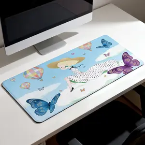 Premium Girl Sitting On Cloud With Butterflies And Hot Air Balloons Illustration High Quality Mouse Pad Modern Office Gaming Comfort Experience Non?Slip Durable For Daily Work And Play  40*80 Size.