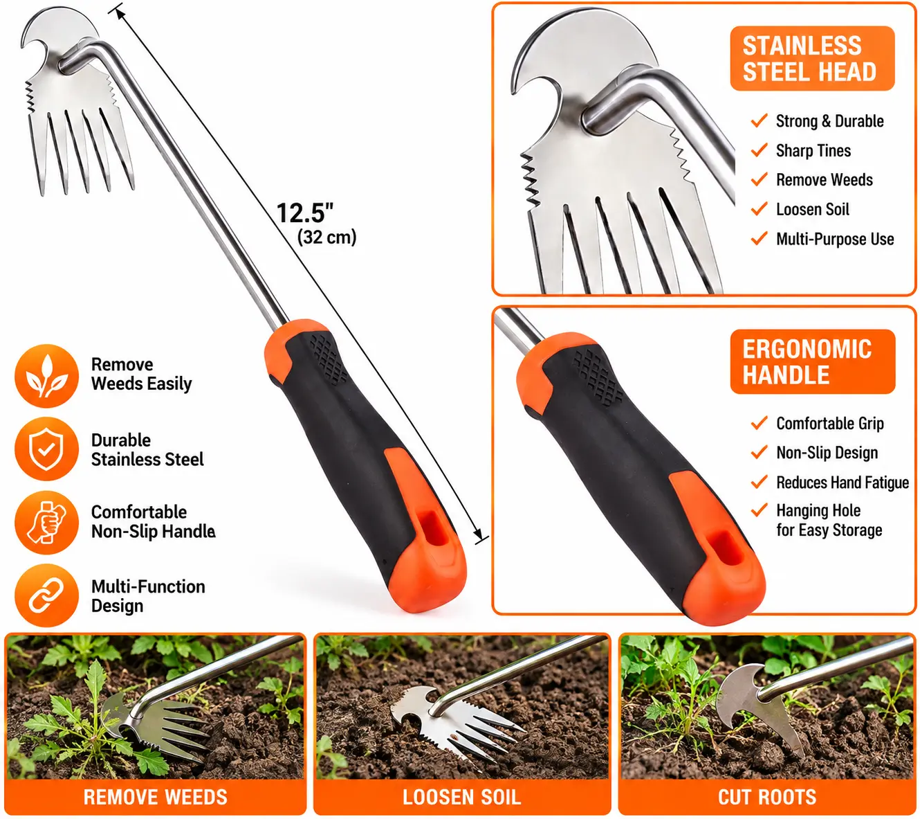 Grass remover Tool, Rubber Handle Garden Manual Weeder Tool, Portable Stainless Steel Weeding Tools, For Hand Weeder Puller for Vegetable Gardening Backyard Farm Planting & Uprooting Weeding Tool