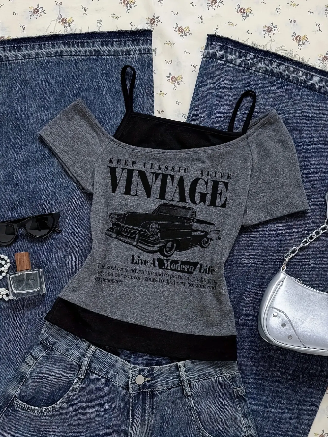 Deep Color College Style Casual Off-Shoulder T-Shirt Set, Layered Halter Top & Guitar Print Shirt, Alternative Fashion Streetwear Punk Rock Concert Statement