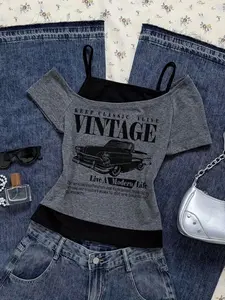 Deep Color College Style Off-Shoulder Casual T-Shirt Set, Layered Halter Top & Guitar Print Shirt, Alternative Fashion Punk Rock Concert Streetwear, Womenswear, Statement