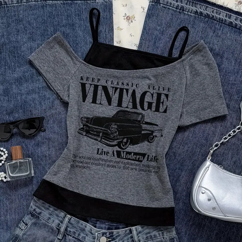 Deep Color College Style Off-Shoulder T-Shirt Set, Layered Halter Top & Guitar Print Shirt, Alternative Fashion Punk Rock Concert Streetwear Graphic Tees