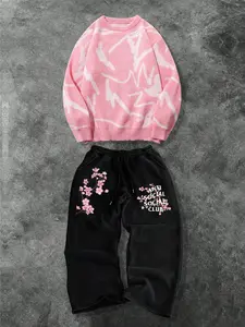 Street Casual Streetwear Set Unisex Knit Sweater Long Sleeve Top & Printed Pants Two-Piece, Fall Winter Loose Fit Fashion