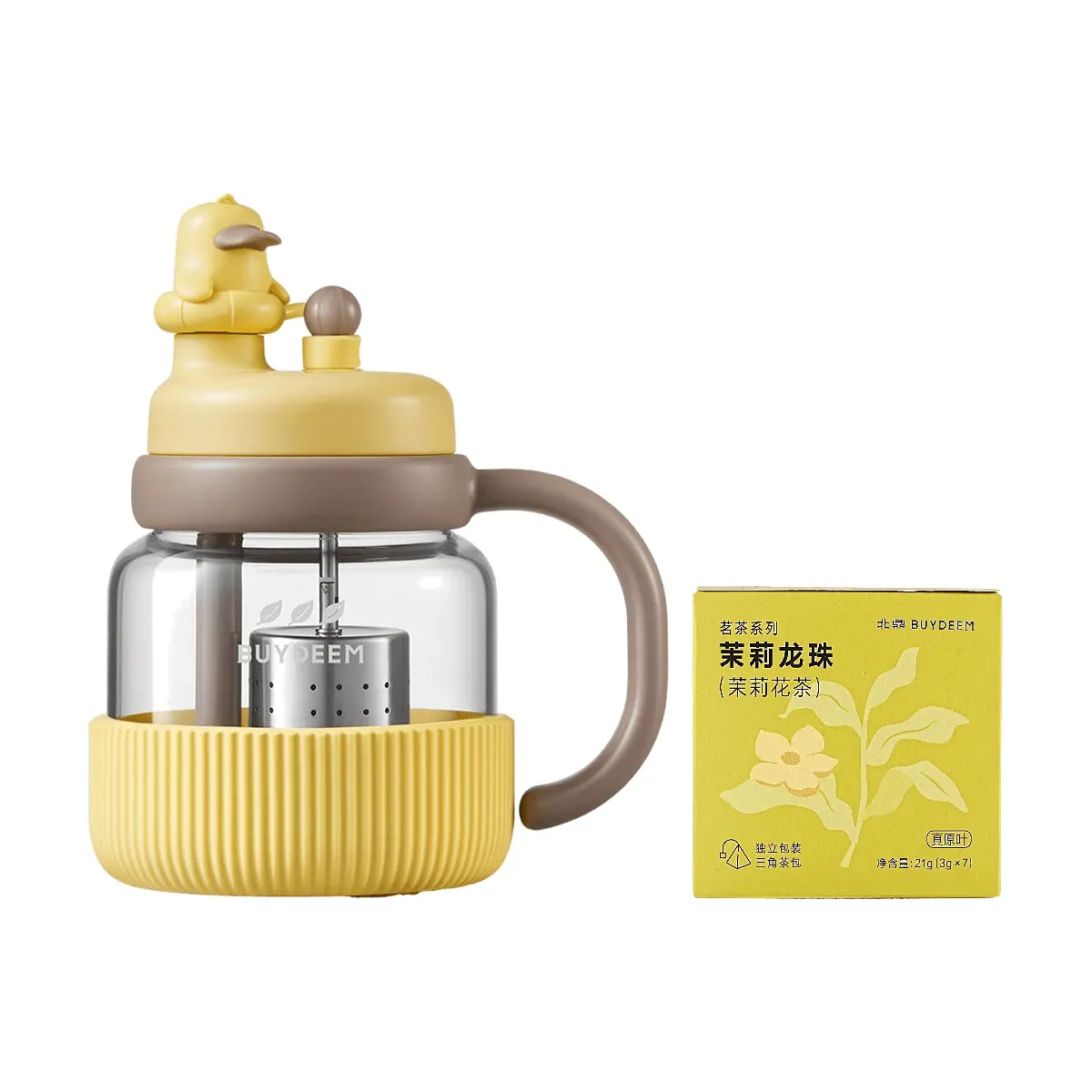BUYDEEM 600ml Duck Infuser Tumbler Cup with Jasmine Dragon Pearl Tea Set - Leakproof Travel Mug for Hot & Cold Drinks