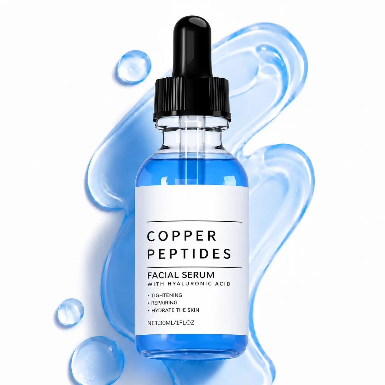 Copper Peptide Facial Serum with Hyaluronic Acid and Glycerin, Lightweight Daily Moisturizer for Hydrating, Face Tightening & Skin Repair, Fragrance-Free for Sensitive Skin, 1 fl oz, Moisturizing, Evening, Smooth, Fresh, 30Ml, Hydrate
