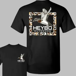 Comfort Cotton Short Sleeve T- Shirt Heybo Outdoors Camo Duck T-Shirt , Flying Mallard Graphic with Camouflage Background , Short Sleeve Hunting Tee for Waterfowl Hunters , Comfortable Fit for Hunters Menswear Sport Classic Fabric
