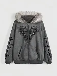 Velvet Hat Sweatshirt with Printed Pattern Long Sleeve Fitted Pullover Hoodie Vintage Outerwear Street Fashion Trendy Casual Style Womenswear